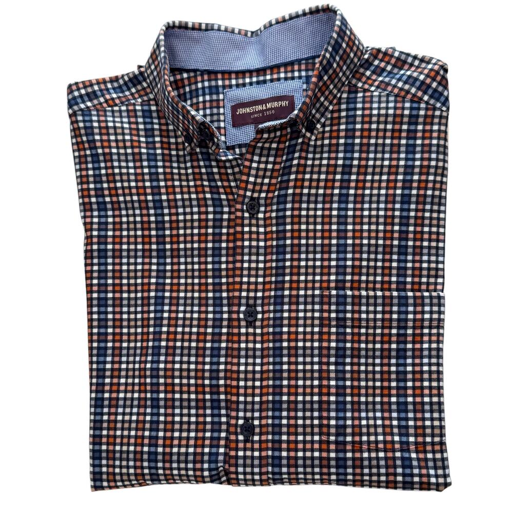JOHNSTON & MURPHY CHECKERED ORANGE,BLUE,WHITE MEN'S SHIRT SIZE M
